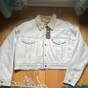 NEW WITH TAGS!! Cropped “Ex-boyfriend Trucker Jacket” Lined with fleece, size L